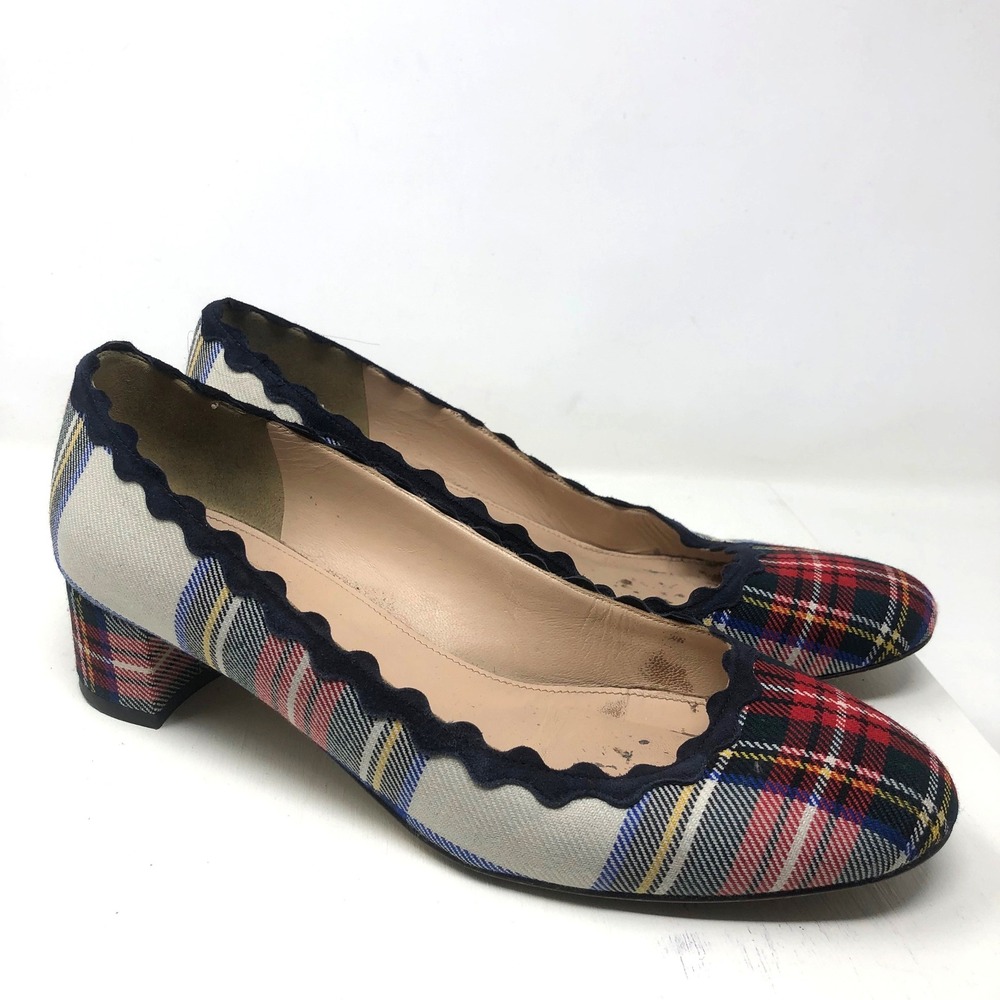 J.Crew Plaid Tartan Block Heel Pumps Womens 9 Multi-Color Scalloped